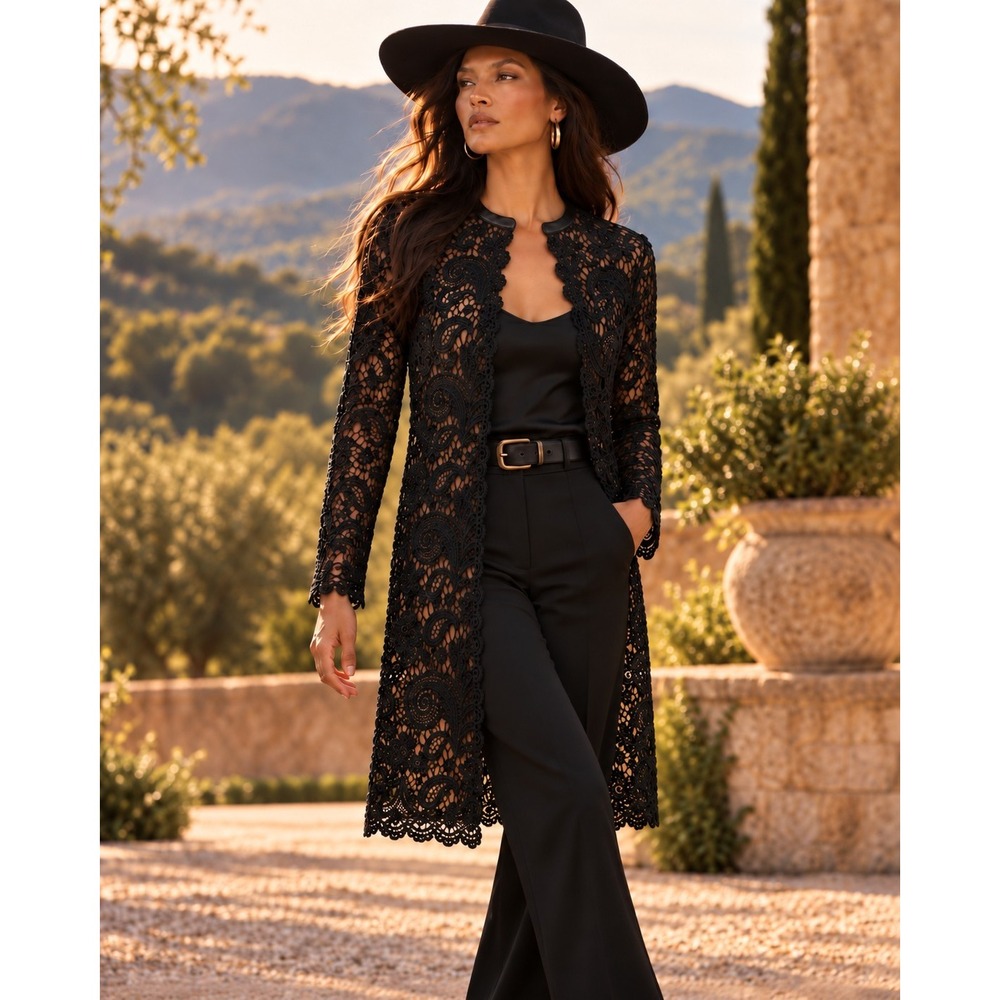Ralph Lauren Black Label Thora crochet/lace open-front coat size 4 leather trim.